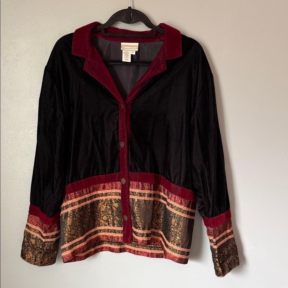 Coldwater Creek Womens‎ Velvet Button Blazer Jacket Black Wine Tapestry Large